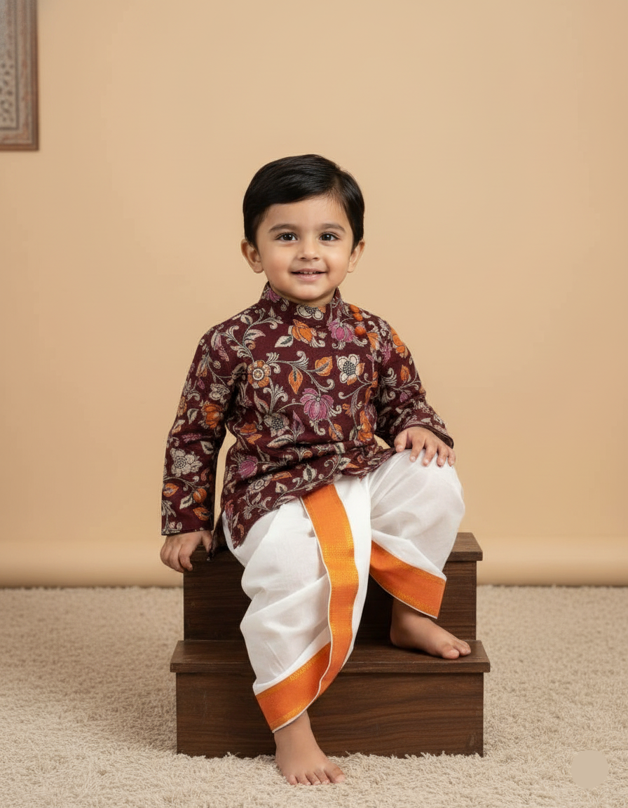 Kalamkari dhothi set-Coffee Brown