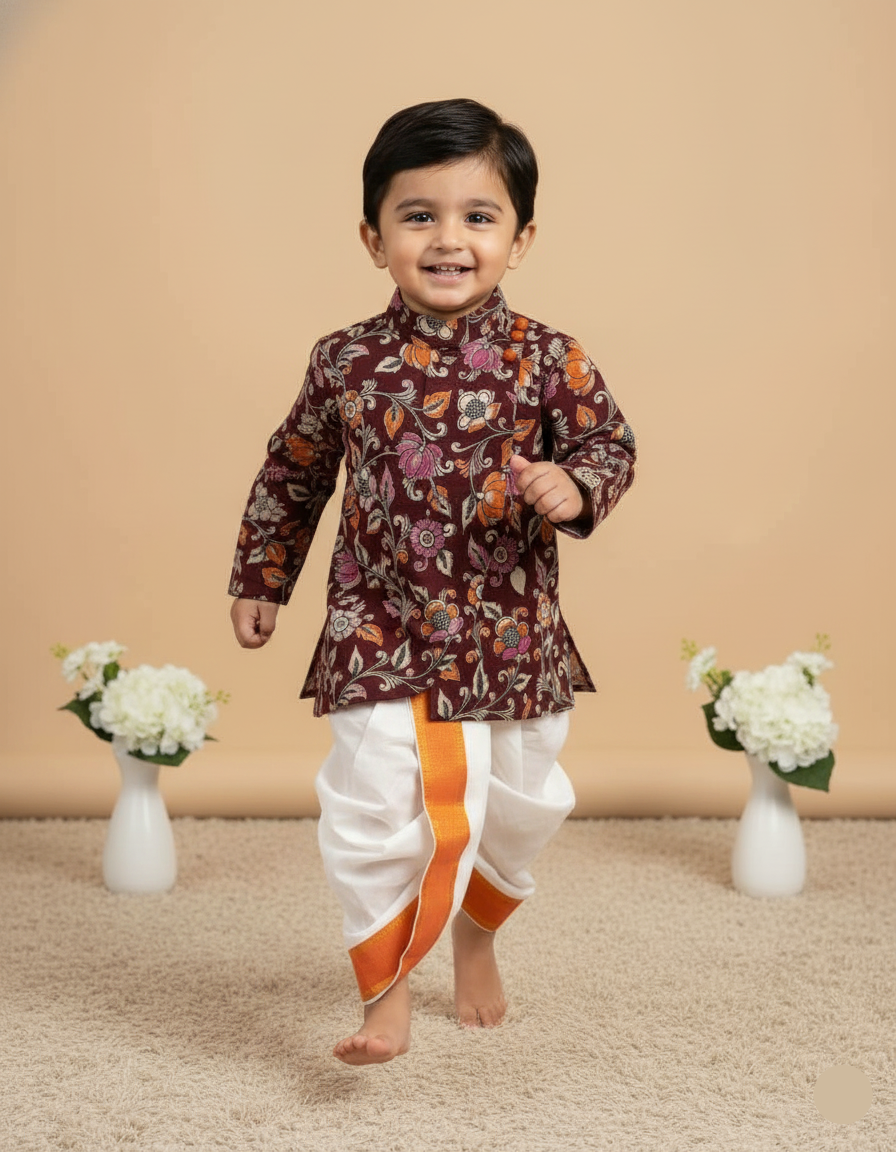 Kalamkari dhothi set-Coffee Brown