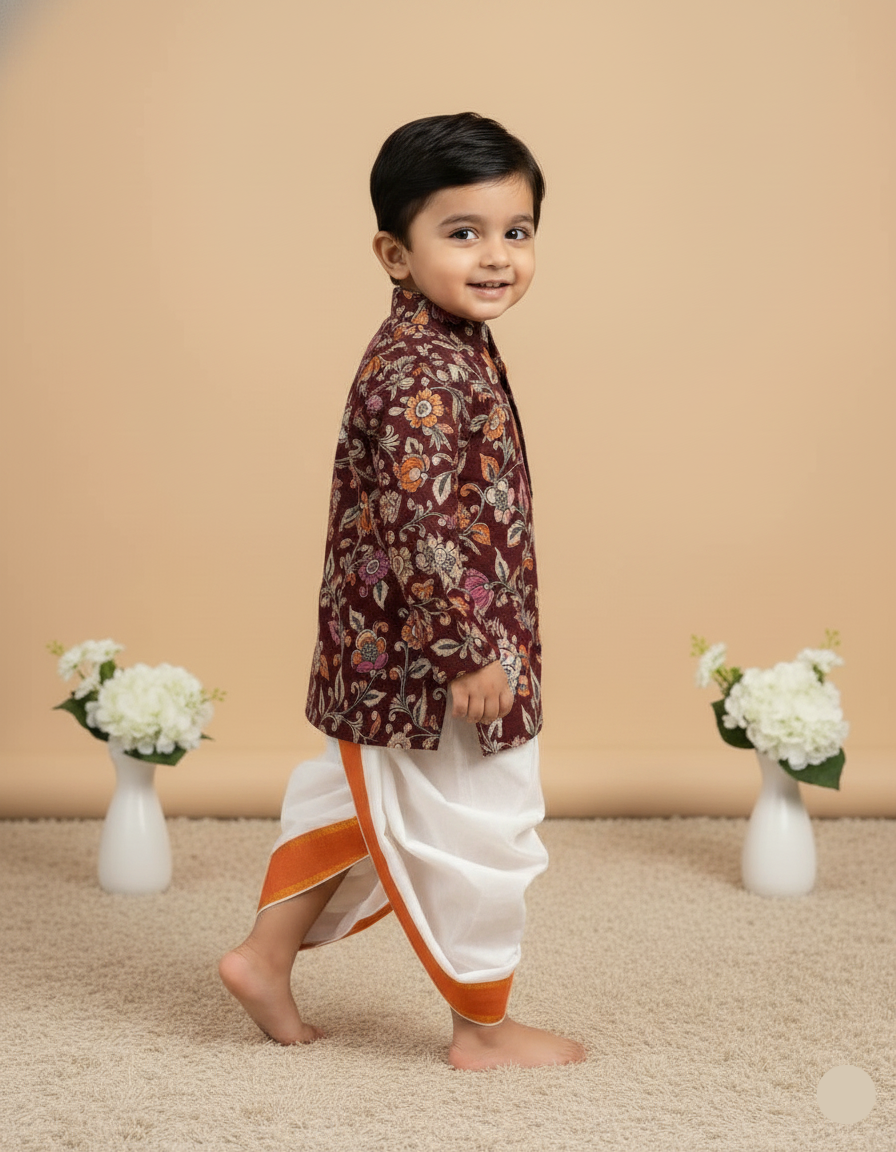 Kalamkari dhothi set-Coffee Brown