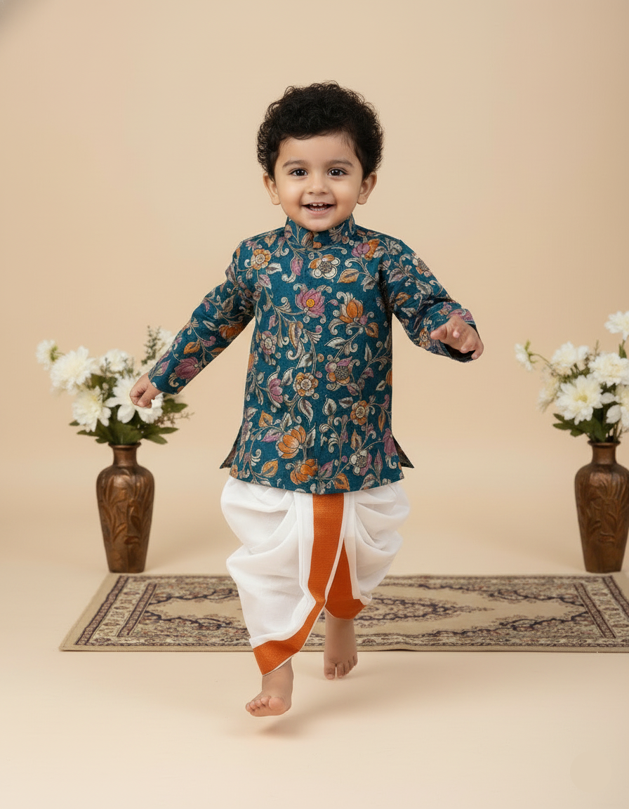 Kalamkari dhothi set-Teal blue