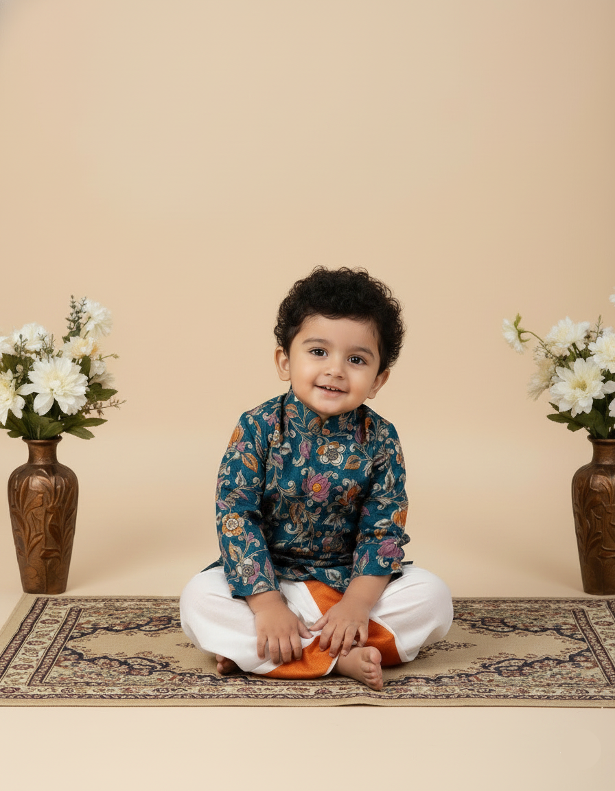 Kalamkari dhothi set-Teal blue
