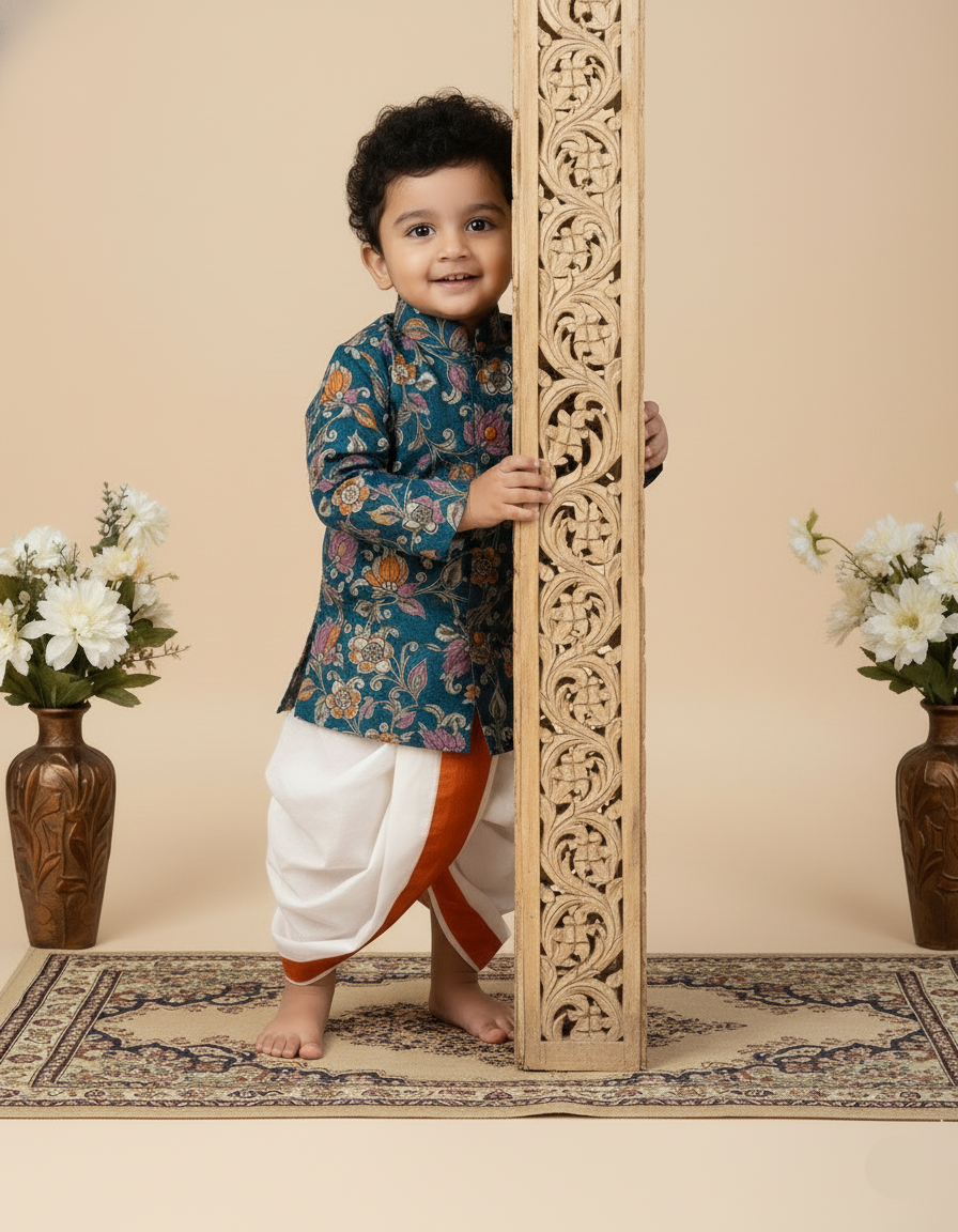 Kalamkari dhothi set-Teal blue
