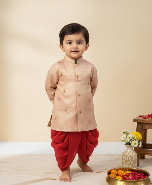 Peach Royal Hand-Embroidered Dhoti Set