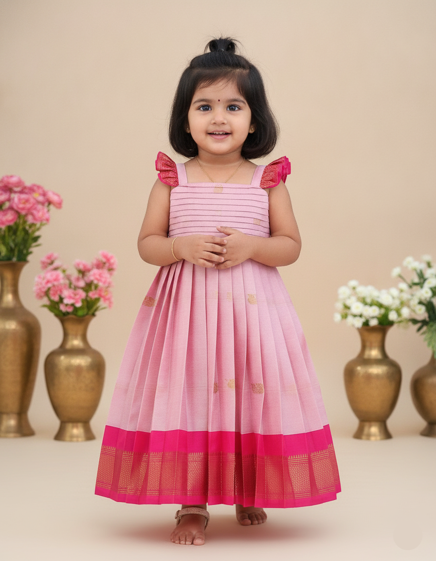 Sita Pleated Yoke Long Frock- pink