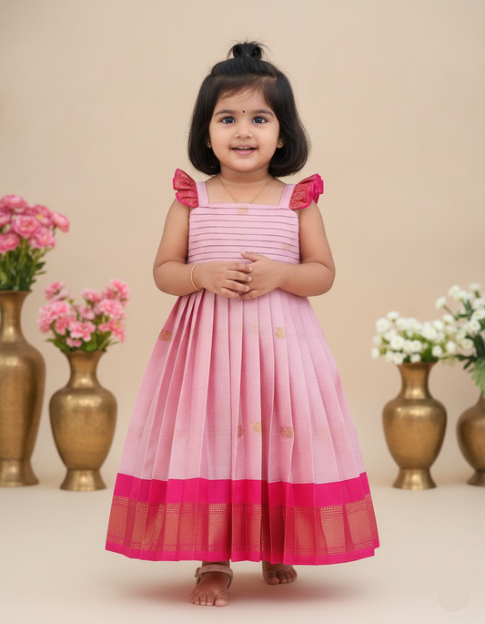 Sita Pleated Yoke Long Frock- pink