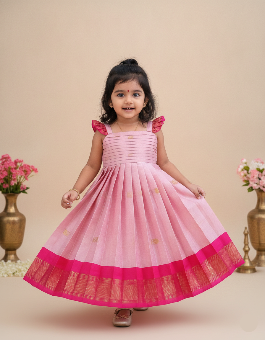 Sita Pleated Yoke Long Frock- pink