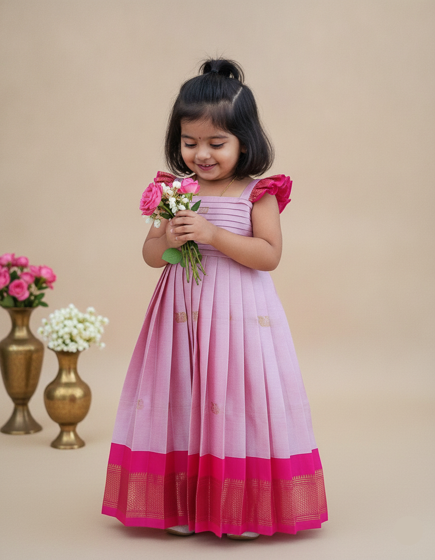 Sita Pleated Yoke Long Frock- pink
