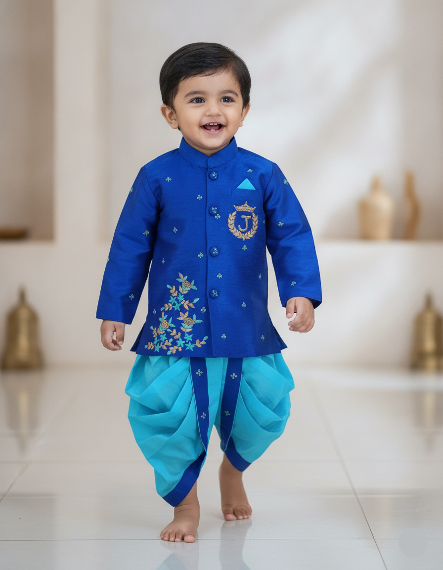 Royal Blue Floral Dhoti Set