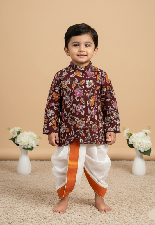 Kalamkari dhothi set-Coffee Brown