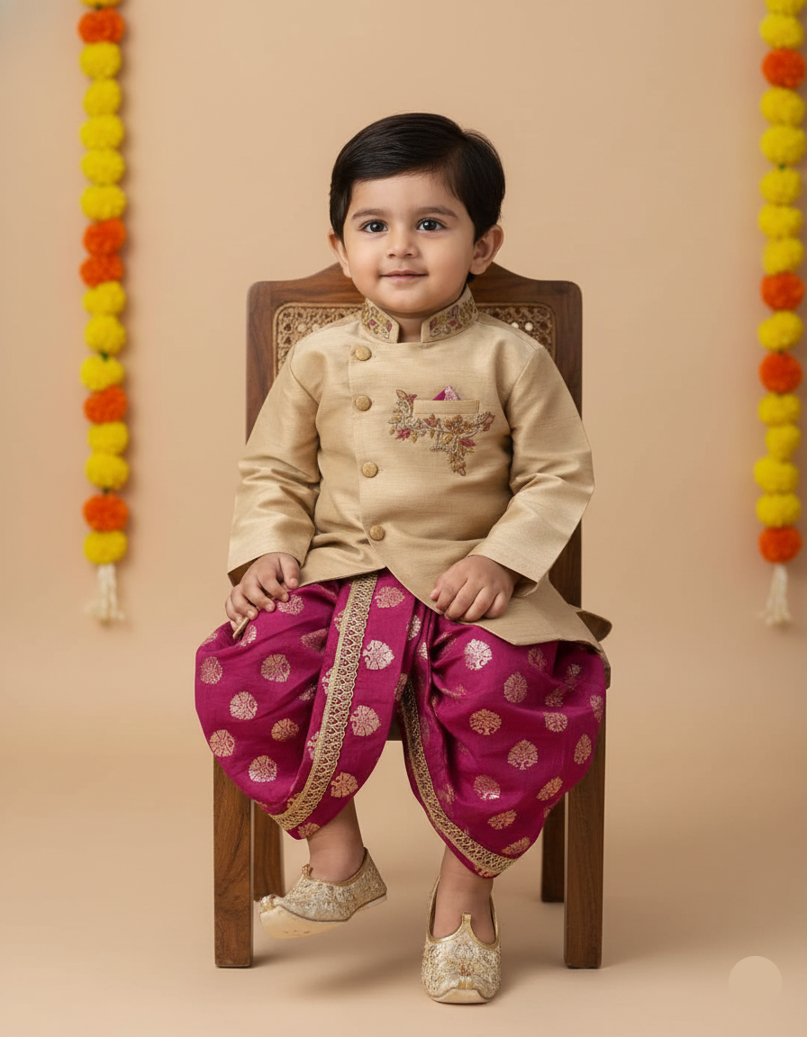 Golden kurtha dhothi set.