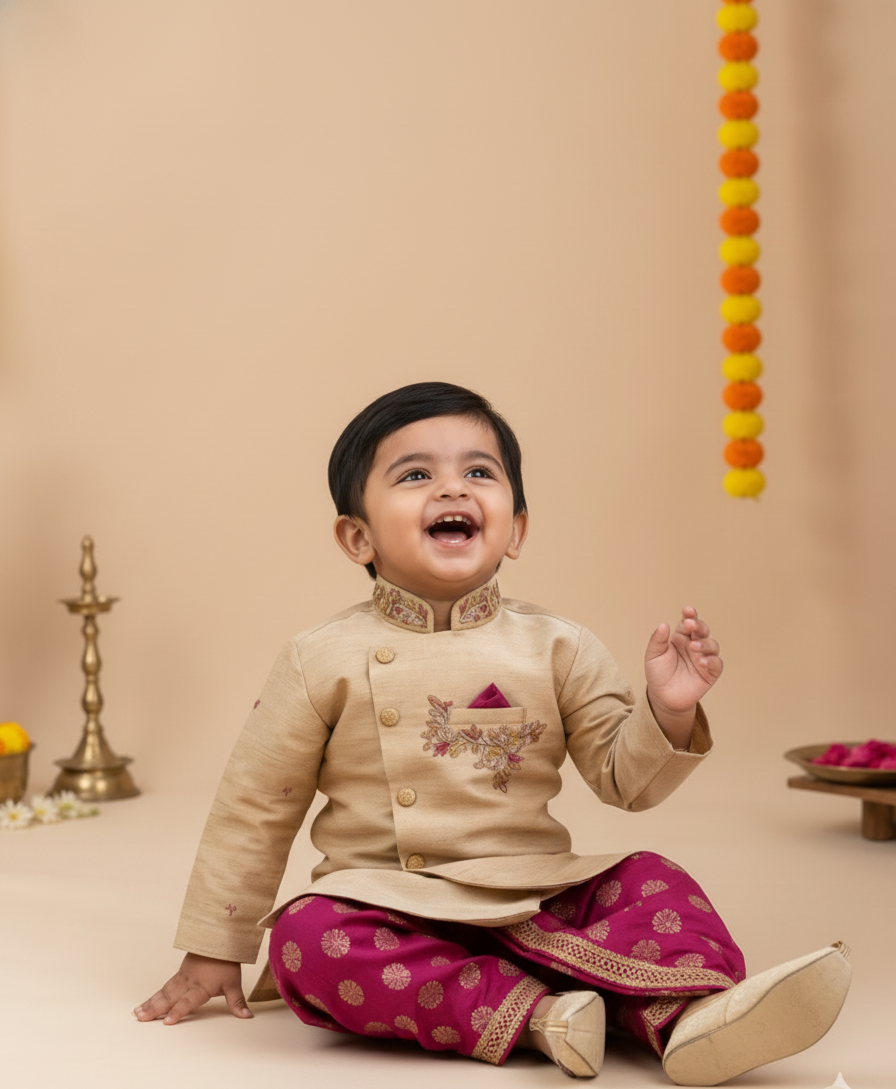 Golden kurtha dhothi set.