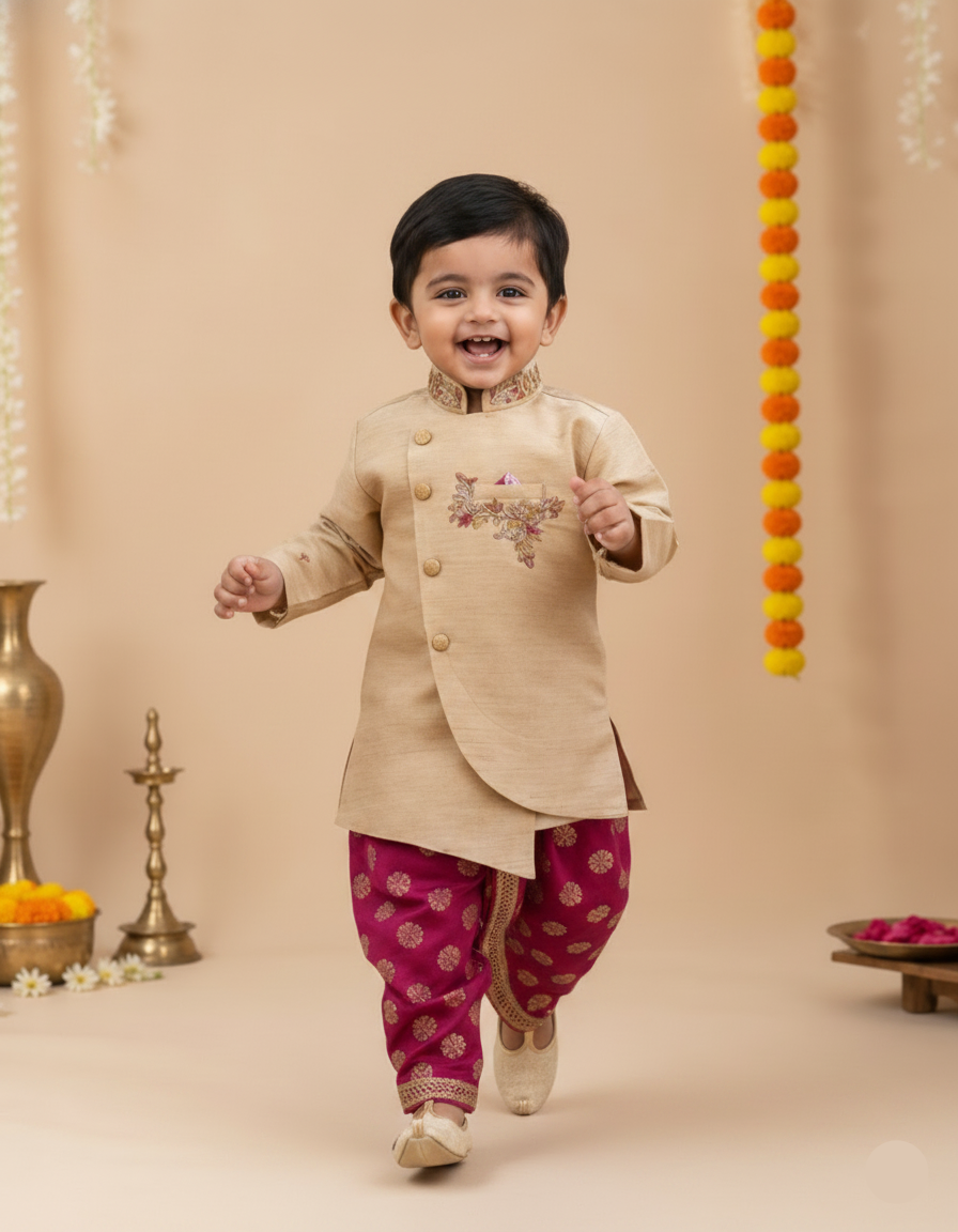 Golden kurtha dhothi set.