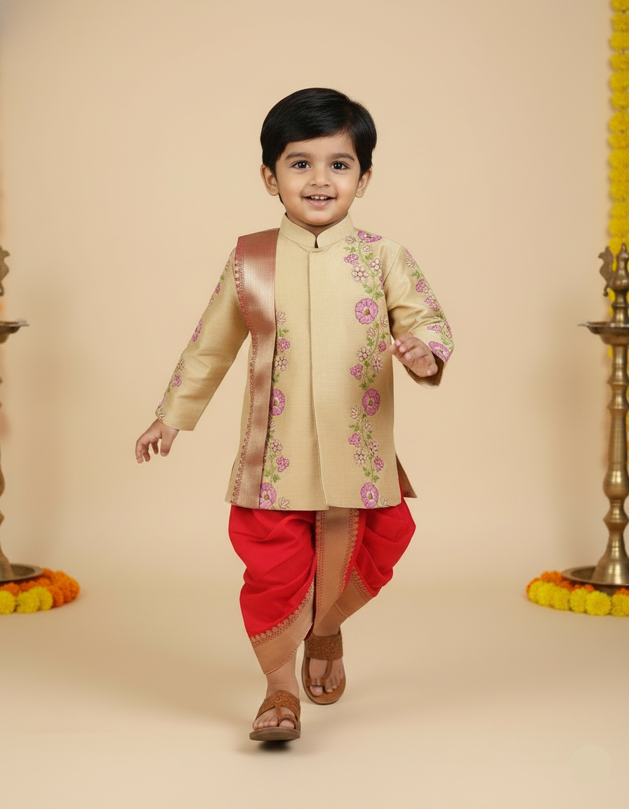 Floral embroidery dhothi set-Red