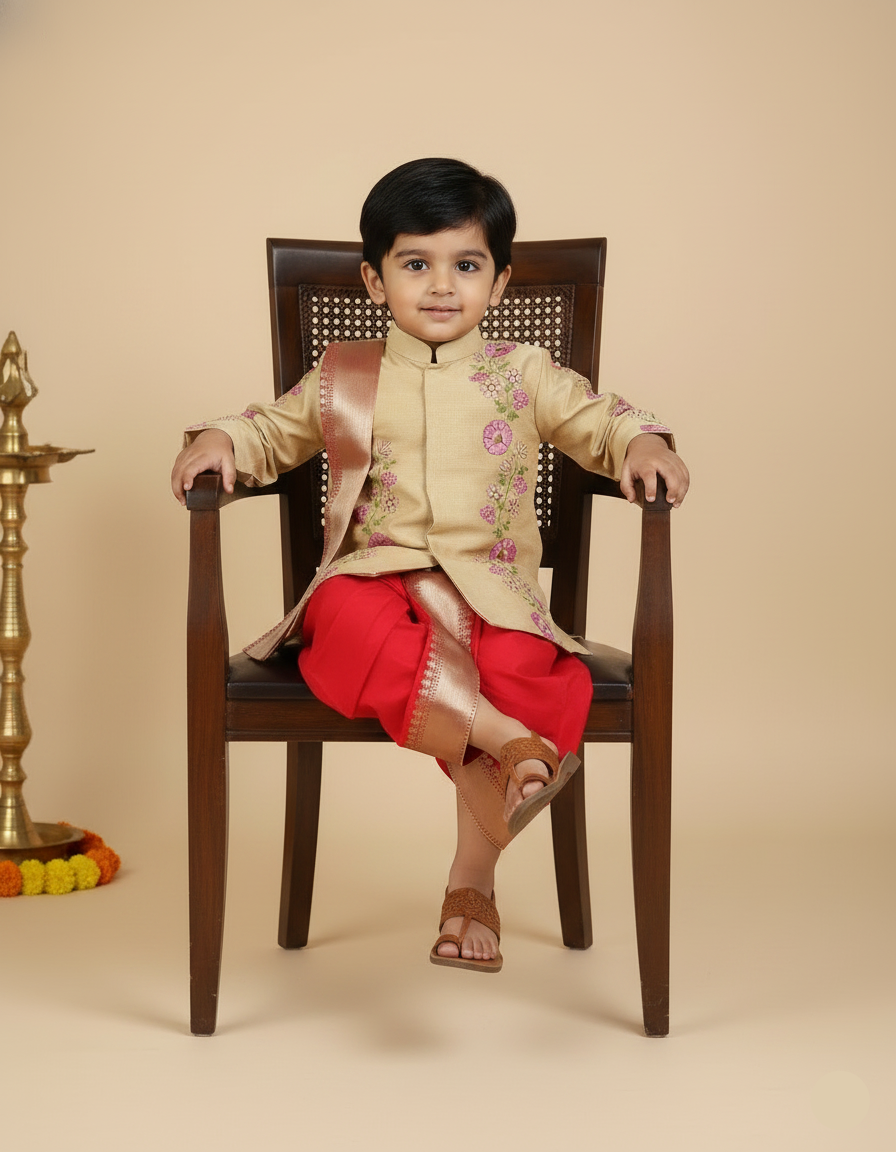 Floral embroidery dhothi set-Red