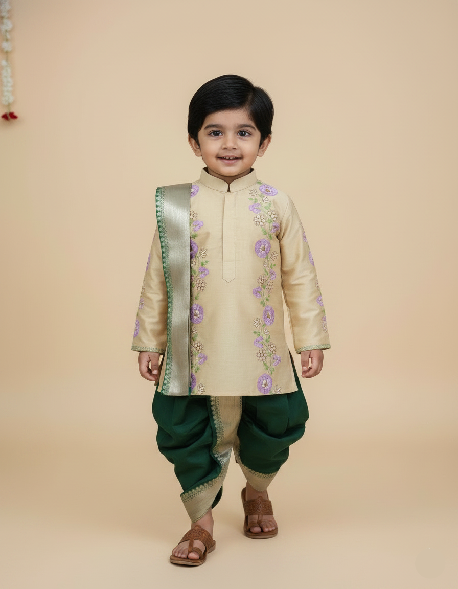 Floral embroidery dhothi set-Green