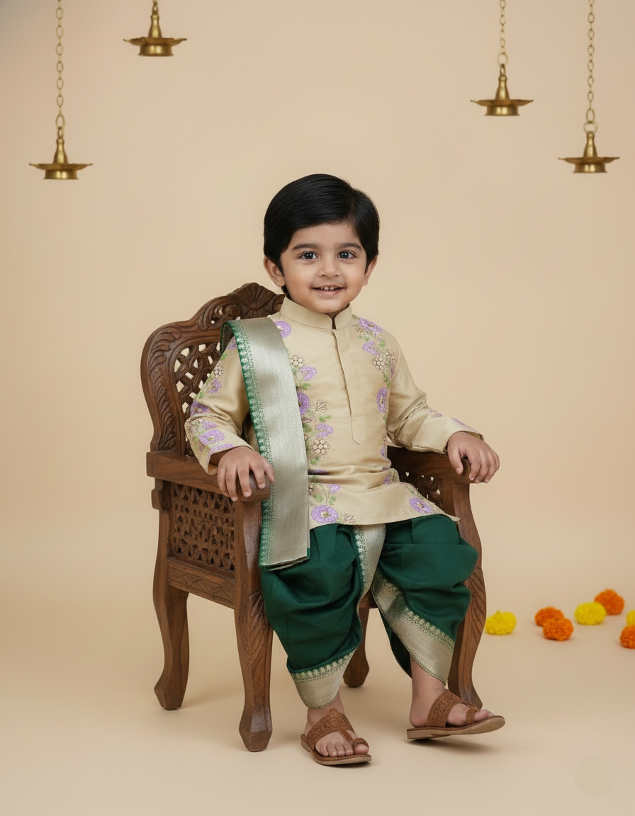 Floral embroidery dhothi set-Green