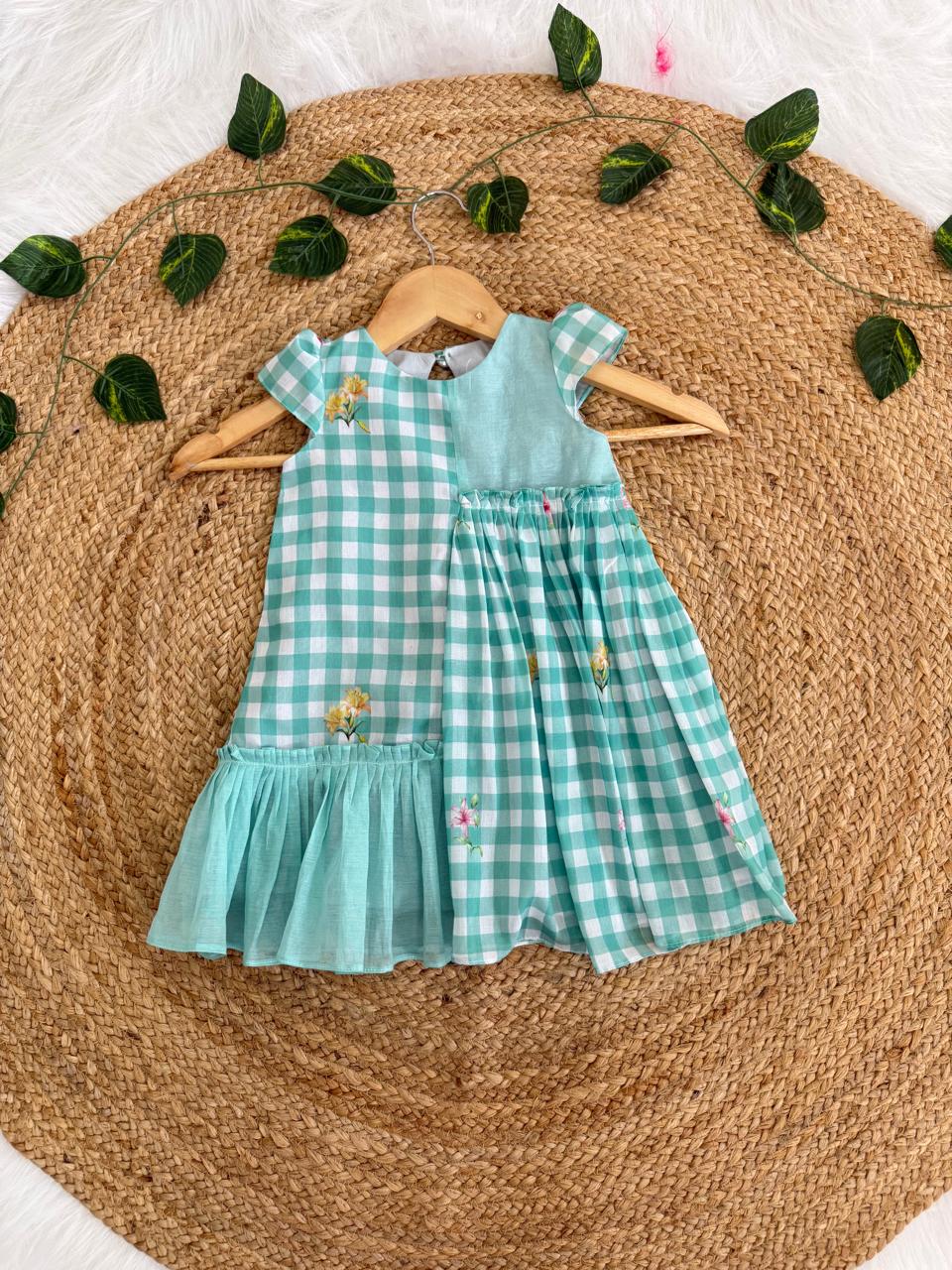 Floral Checks Frock -Pastel blue