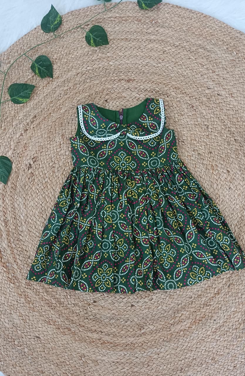 Mini Bandhani frock-Bottle green