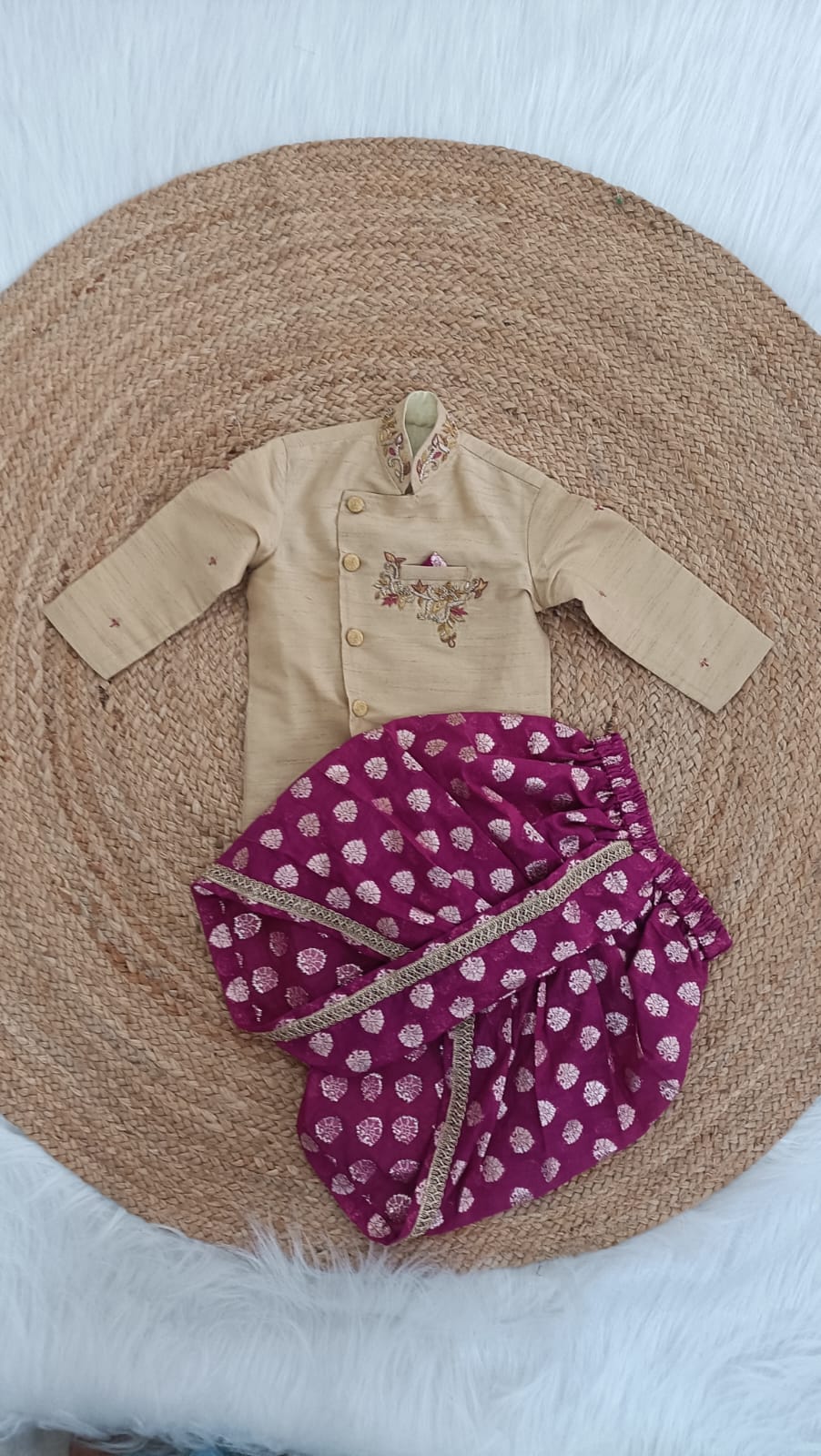 Golden kurtha dhothi set.