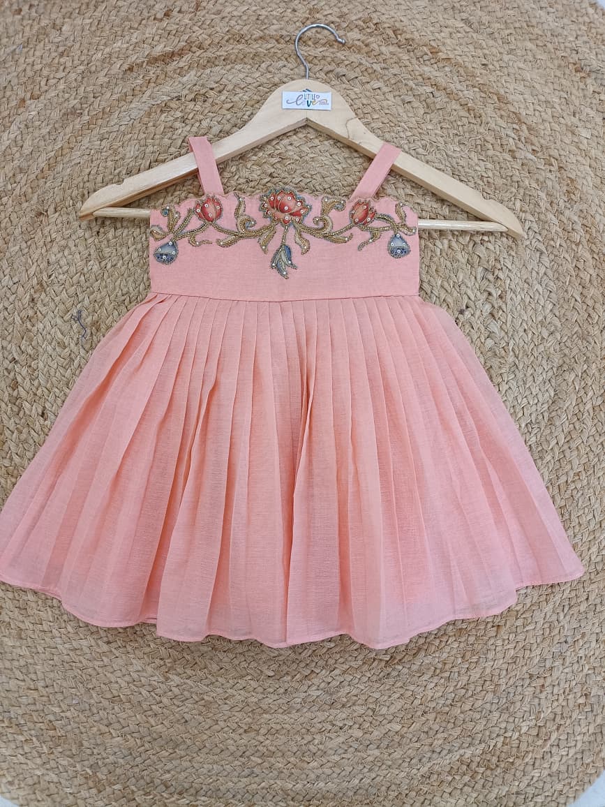 Floral Applique Frock - Peach