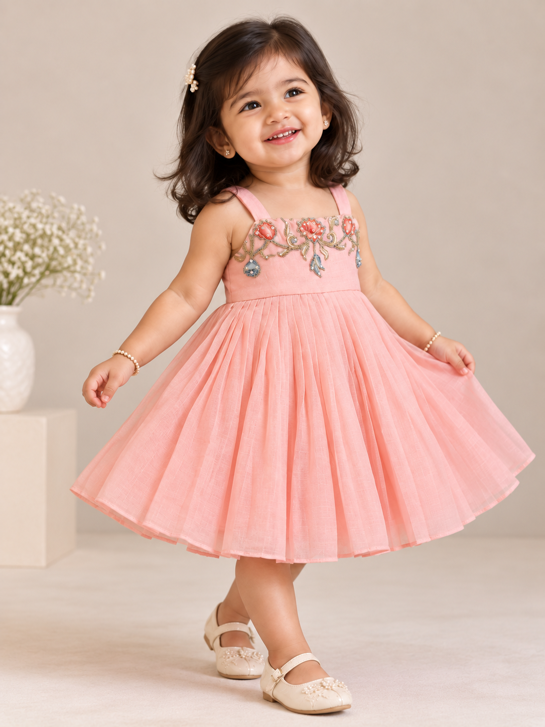 Floral Applique Frock - Peach
