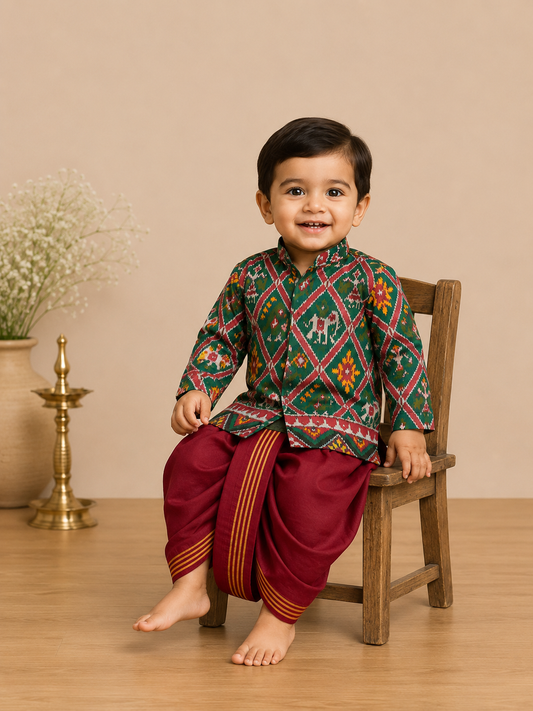 Royal Patola Dhoti Set - Green