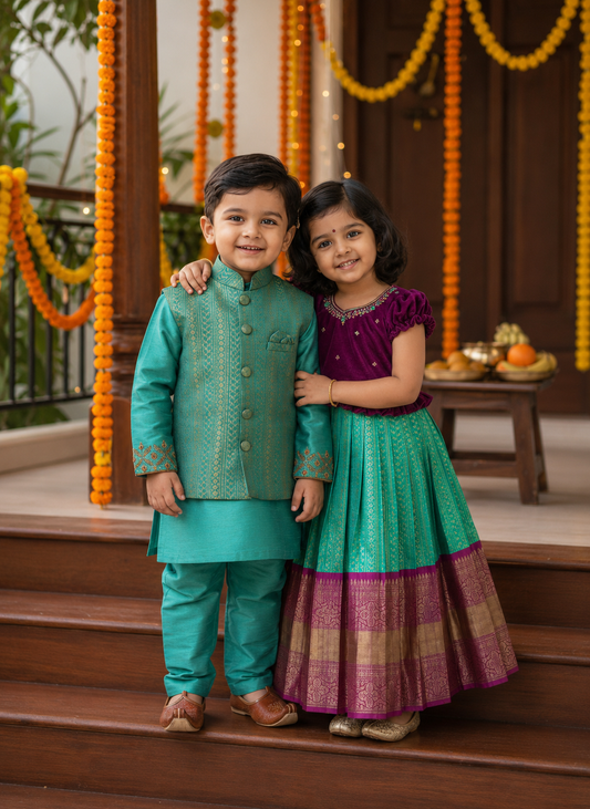 Kanjeevaram Sibling Set - Turquoise Blue