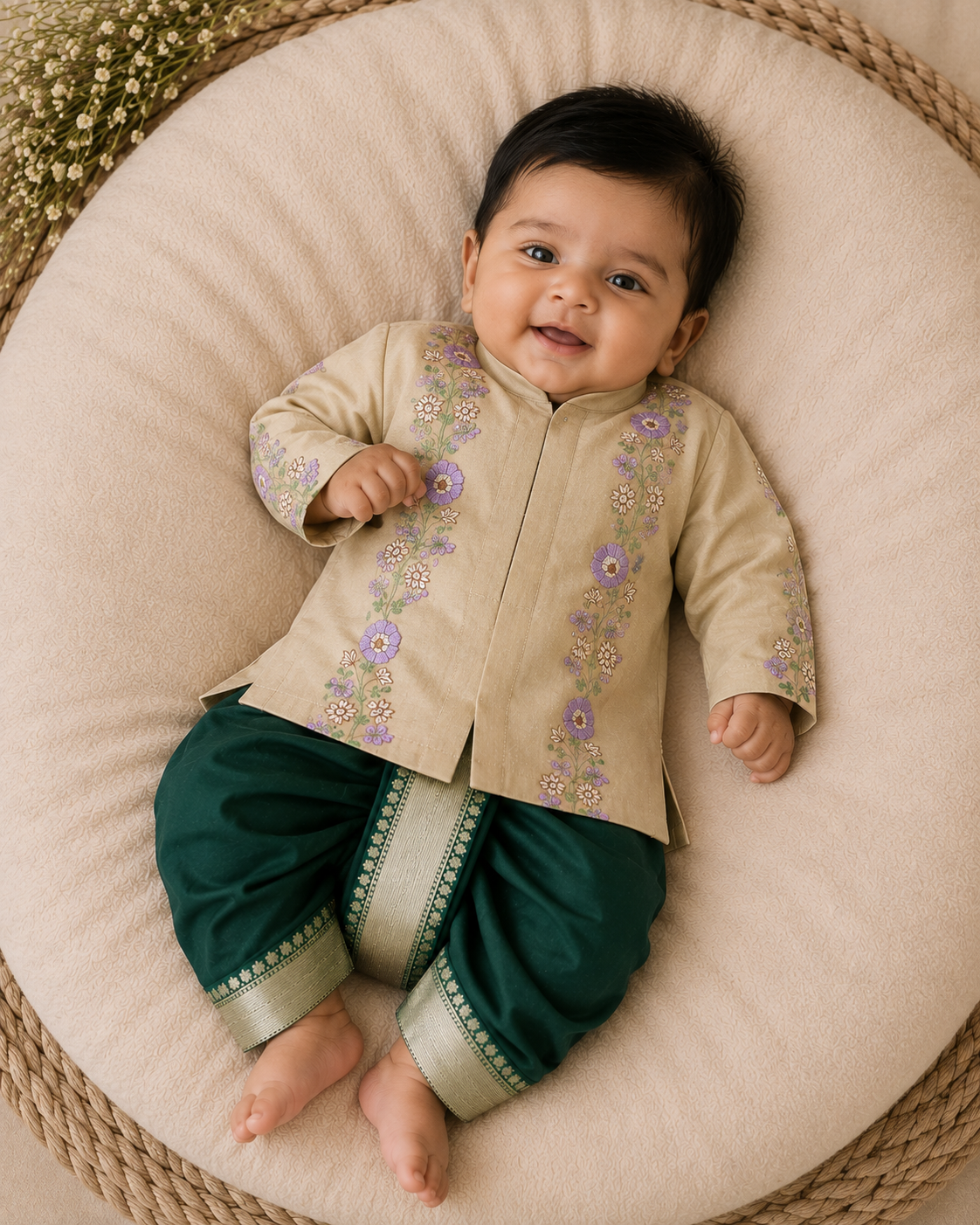 Mini Floral embroidery dhothi set-Green