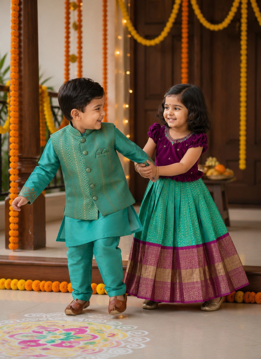 Kanjeevaram Sibling Set - Turquoise Blue