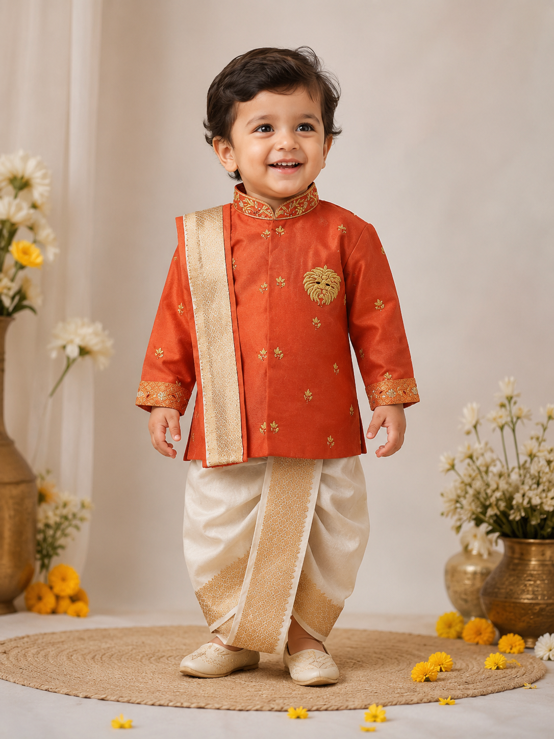Orange Lion Motif Dhoti Set