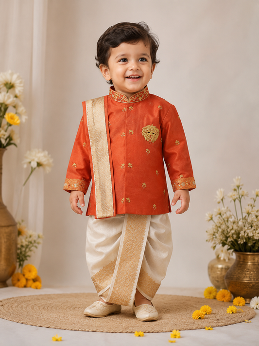 Orange Lion Motif Dhoti Set