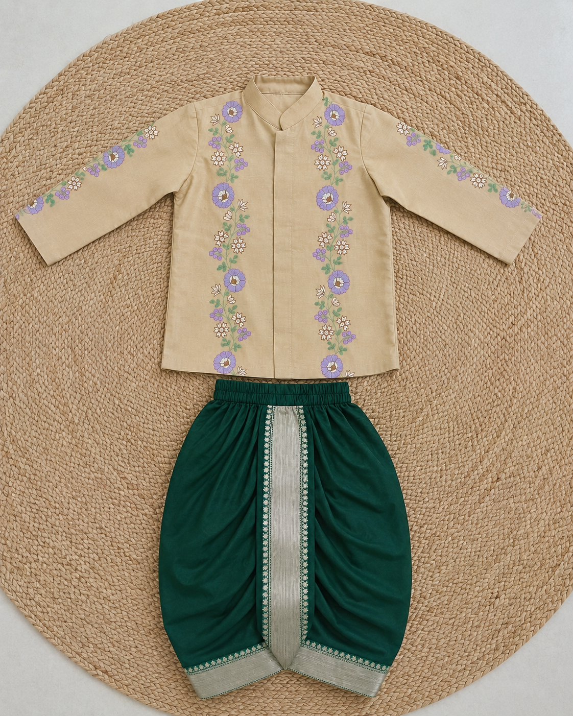Mini Floral embroidery dhothi set-Green