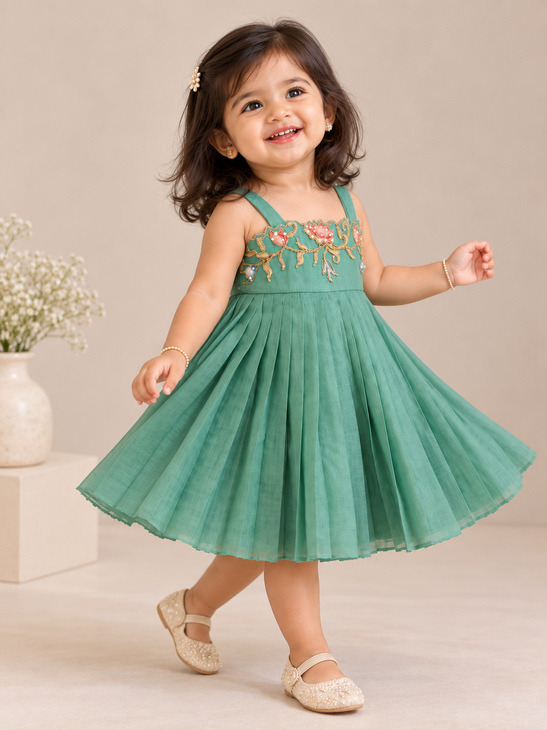 Floral Applique Frock - Teal Green