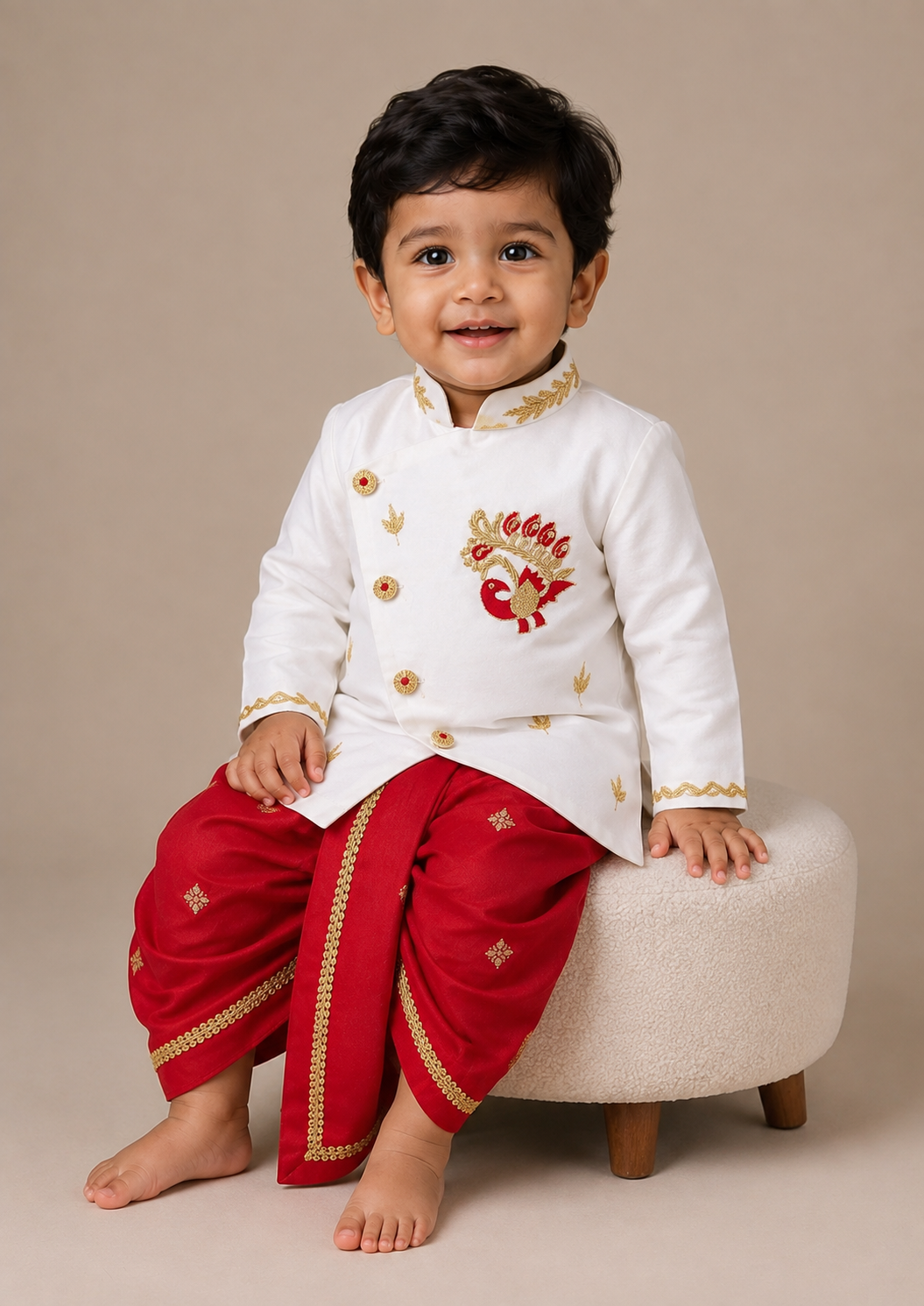 Red Peacock Motif Dhoti Set
