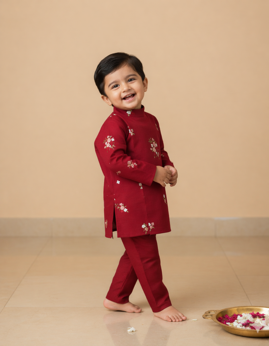 Floral kurtha pyjama set-Maroon