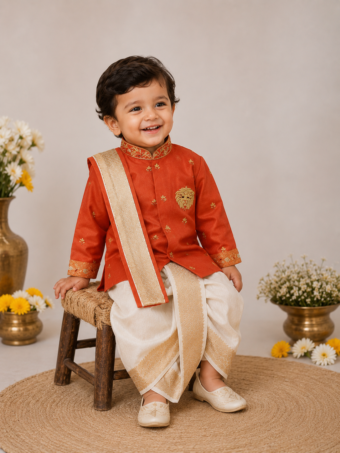Orange Lion Motif Dhoti Set