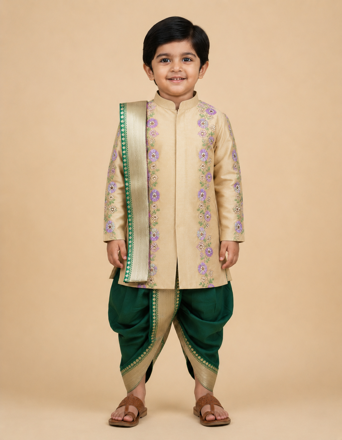 Floral embroidery dhothi set-Green